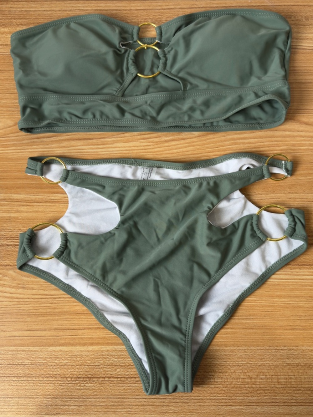 SHEIN Olive Green Bandeau Bikini with Gold Rings
